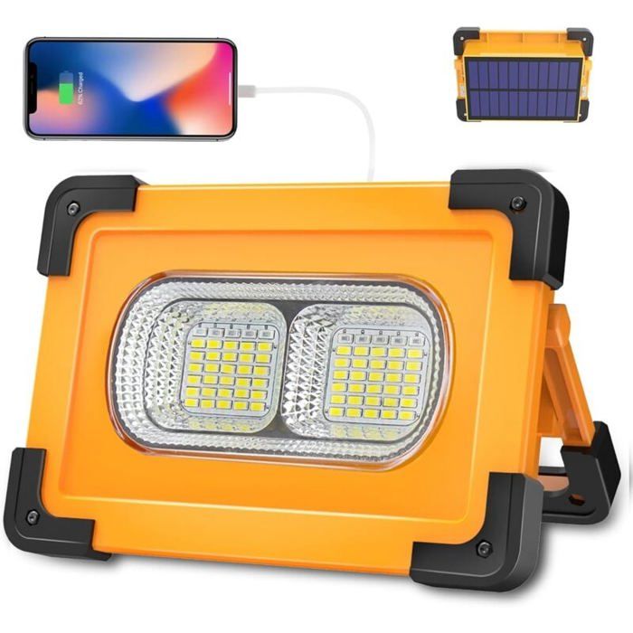 Projecteur LED rechargeable - PZCC - 80W - 4 modes - Recharge USB & solaire - Base magnétique support 180°