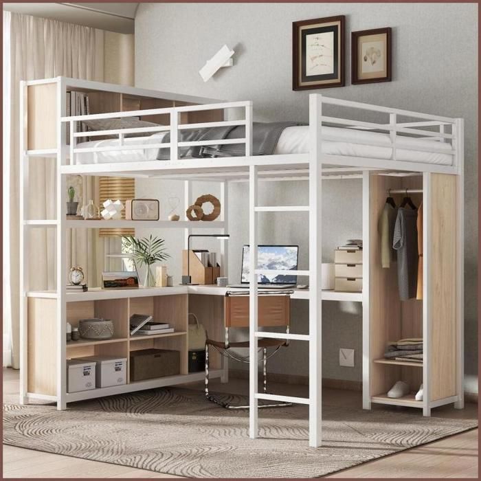 Hochbett en Métal - avec Bureau Rangements Doublés et Cabine – Blanc + Naturel – 140x200 cm