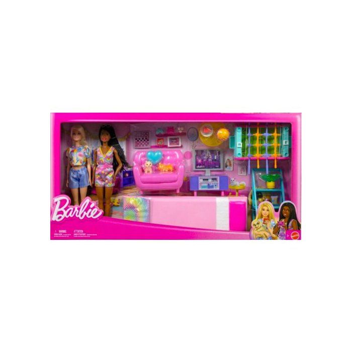 Coffret Barbie Grand Séjour + La chambre à Couché + 22 accessoires + 2 poupées mannequins - Set Maison + Carte tigre