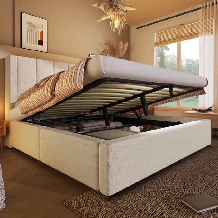 Lit Coffre Rembourré 140x200 cm Porte-Gobelet et Station de Charge Tissu Lin Beige Sans Matelas