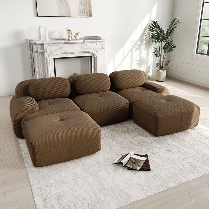 Canapé 3 places dangle en forme de U Canapé modulable en velours côtelé avec 2 ottomans sans assemblage Marron