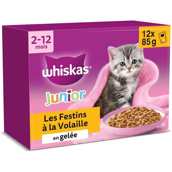 Meilleurs prix pour Aliment humide en gelée - WHISKAS - Festins à la Volaille - Chat junior - 48 sachets (4x12) - 85 g/sachet