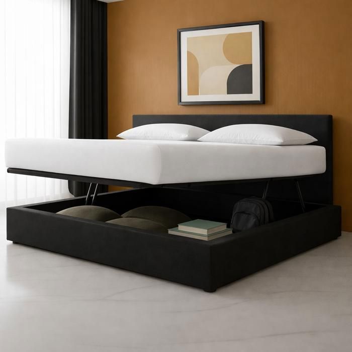 Lit coffre avec ouverture latérale - Tissu Gris foncé - Tête de lit incluse - 140x190 cm Lit coffre avec ouverture latérale - Tissu Gris foncé - Tête de lit incluse - 140x190 cm
