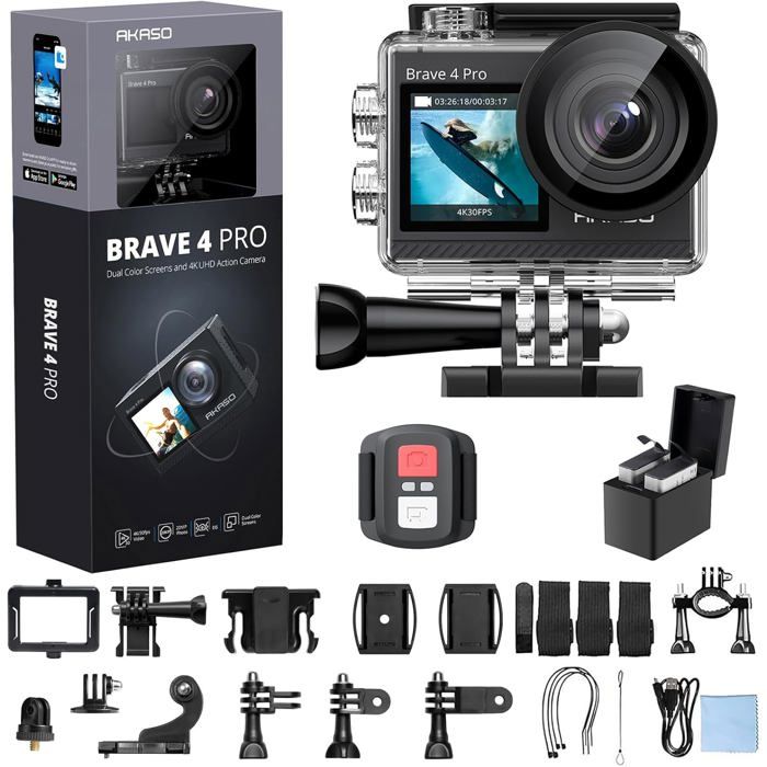 AKASO Brave 4 Pro Caméra Action 4K 30fps 20MP double écran 1.4/2 tactile EIS étanche 40m Télé Zoom 5X micro ext mode voiture Noir