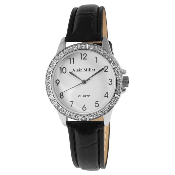 Montre bracelet - Alain Miller - Femme - Noir simili cuir - Boîtier acier inoxydable argenté