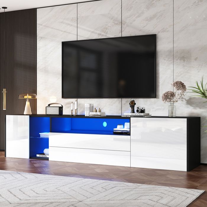 Meuble TV - Modèle 180 cm - Laqué brillant noir et blanc - Éclairage LED multicolore - 2 tiroirs 2 placards