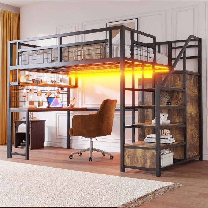 MIVRAY Lit Mezzanine Lit Double avec Escalier de Rangement Bureau Penderie et Prise 140×200 cm sans Matelas Noir