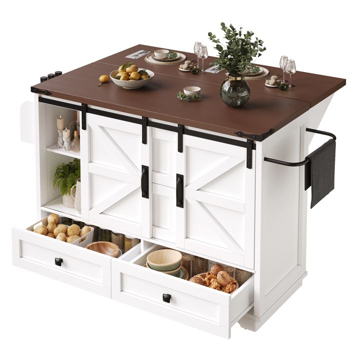 VLIVRA Desserte de cuisine avec 3 tiroirs 2 portes coulissantes et plateau rabattable - pour cuisine - en MDF - blanc