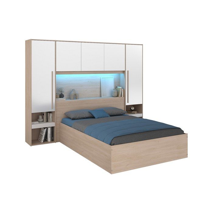 Lit coffre 140 x 190 cm avec pont de lit - Avec LEDs - Blanc brillant et naturel - VELONA