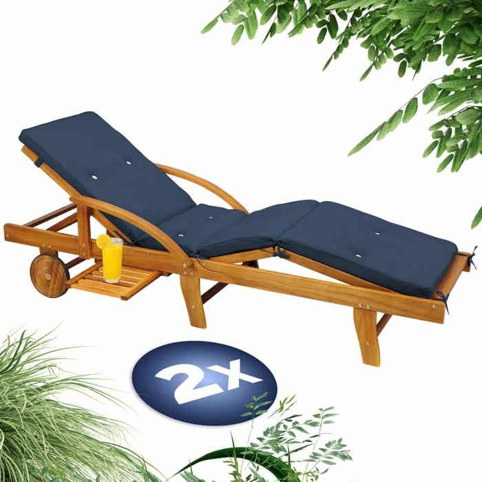 CASARIA® 2x Bain de soleil en bois dacacia avec coussin housse bleu inclus jardin balcon exterieur chaise longue ergonomique