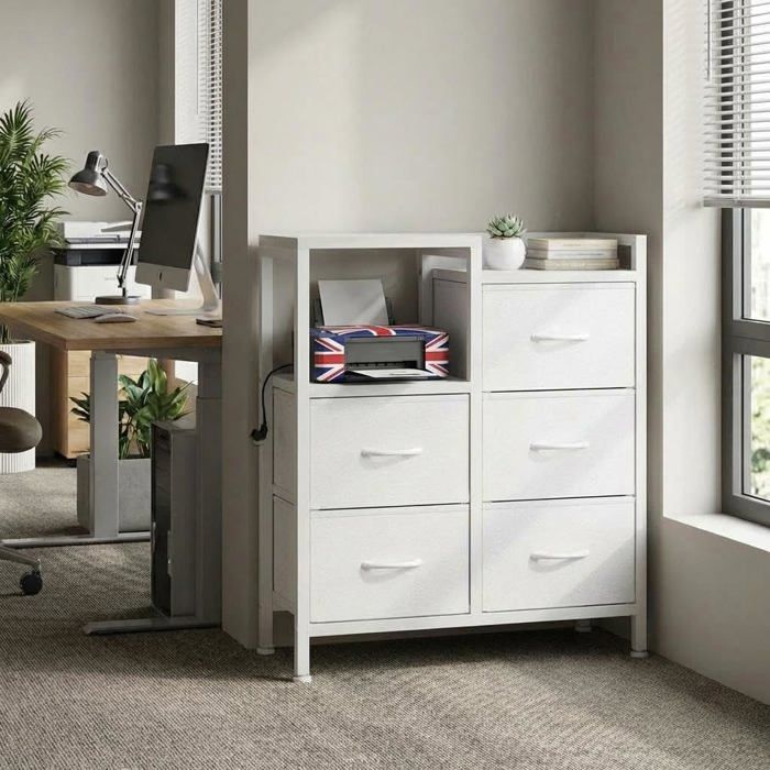 Meuble de rangement bureau - LUNSY - 5 tiroirs en tissu - Étagères ouvertes - Plateau en bois composite