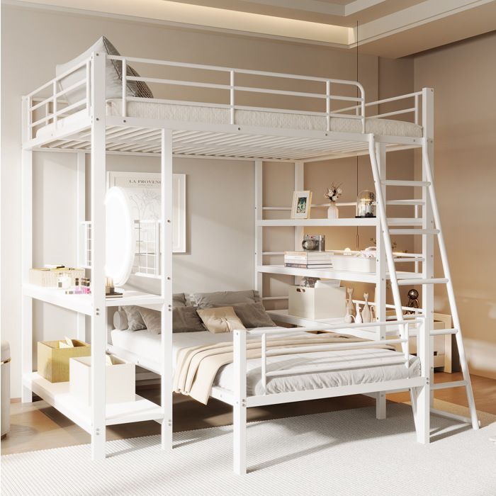 Lit Superposé 140×200cm - Étagères de Rangement - 2 Sommiers Inclus - Lit 2 Places - Metal - Blanc