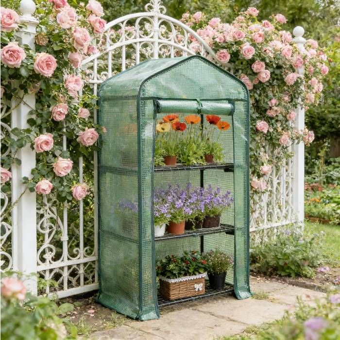 Serre de jardin verte 69 x 49 x 125 cm avec housse PE porte enroulable zippée et 3 étagères métalliques