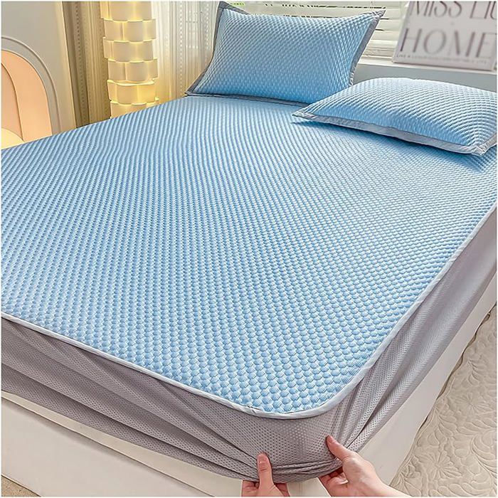 Linge de Lit Rafraîchissant 180x200 cm avec 2 Taies Surmatelas Cooling pour Lit Simple Double et King Bleu Modèle  CACHE SOMMIER