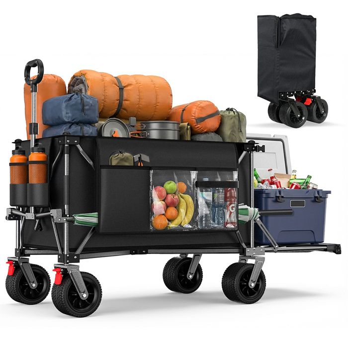 Brouette pliable 200L+100L avec hayon roues tout-terrain 17x10 cm chariot utilitaire pour jardin courses plage et extérieur noir