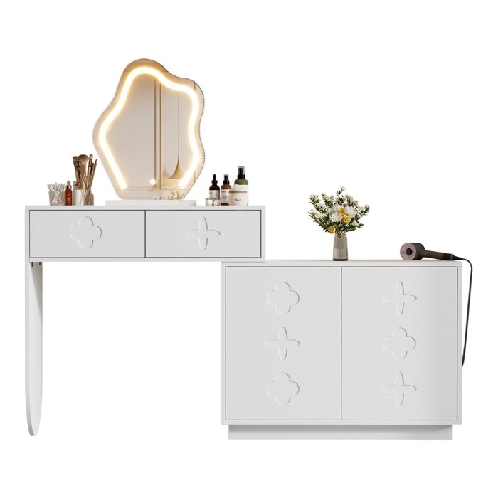 Une coiffeuse avec miroir LED deux tiroirs et un meuble à quatre compartiments de rangement Une coiffeuse avec miroir LED deux tiroirs et un meuble à quatre compartiments de rangement