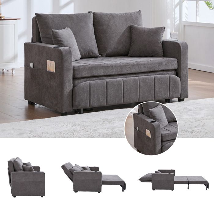 HOMVRA Canapé convertible 2 places en chenille grise avec USB porte-gobelets poches de rangement et 4 coussins