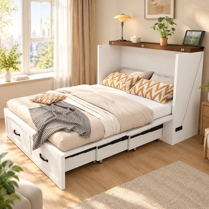 Lit escamotable 140 x 200 cm EVRYAE avec rangement et prise europeenne cadre metallique roulettes silencieuses blanc