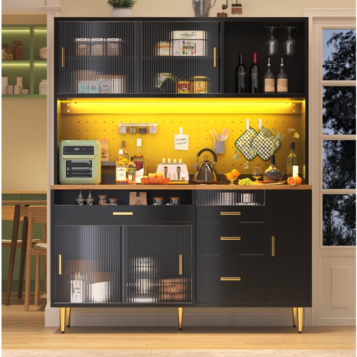 Buffet haut vitrine AESVAR 145 x 39 x 171 cm avec LED portes coulissantes en verre et panneau perforé noir