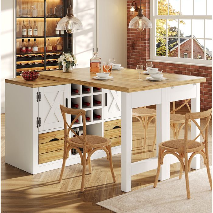 Table à manger extensible avec buffet EVRYAE 120-197 x 40 x 72 cm plateau pivotant 360° rangement blanc