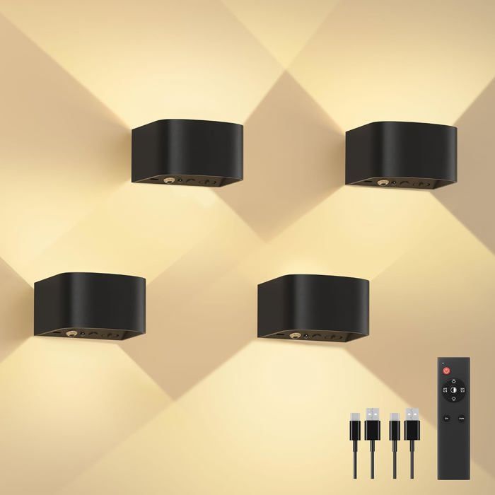 Lot de 4 appliques murales LED sans fil détecteur mouvement télécommande éclairage haut/bas 600 lm 3 couleurs 5000 mAh