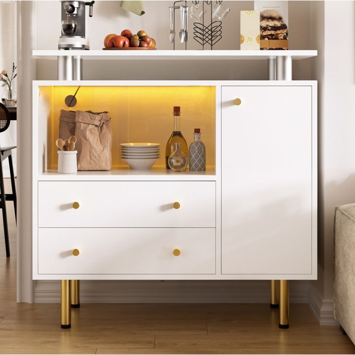 Buffet bas 2 Portes Coulissantes en Verre 2 Tiroirs 1 Porte LED - MODENVIE - Blanc 80×35×80 cm