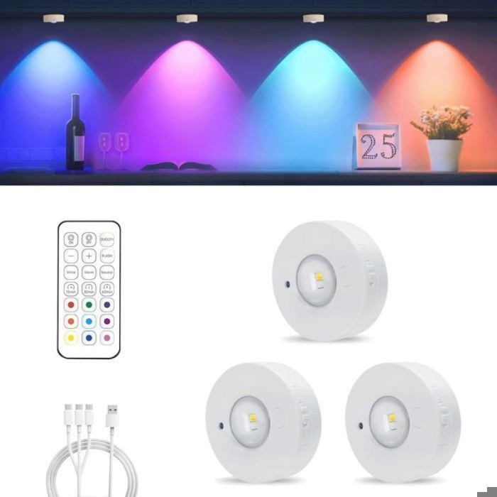 Lampe LED sans fil aimantée rechargeable - Lot de 3 3 températures de couleur et 9 modes RGB dimmables - Armoire vitrine