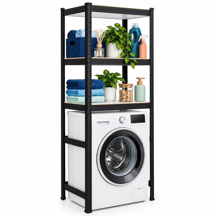 Relaxdays Étagère pour lave-linge H x L x P : 180 x 70 x 40 cm 3 tablettes 600 kg acier MDF emboîtable noire
