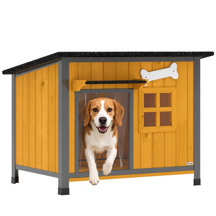 Niche pour chien extérieur - PawHut - anti-morsure toit ouvrable imperméable rideau auvent - bois et acier - 84 5x62x65cm - jaune