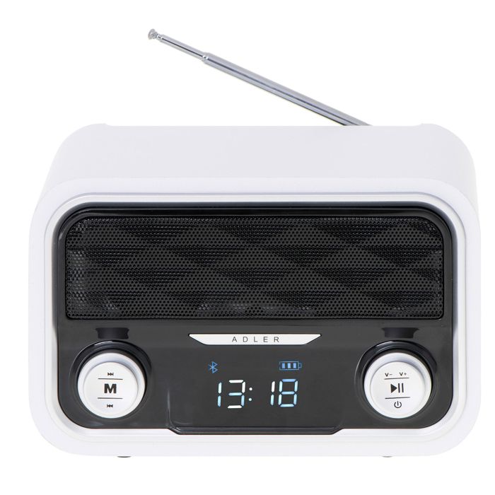 Radio Bluetooth Tuner FMLecture MP3 Port USB et carte SD Sans Fil Portable Adler AD1185 Blanc