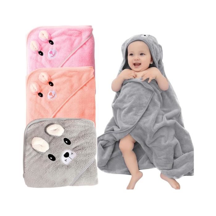 3 Pièces Serviette De Bain Bébé à Capuche 80x80cm - Cape De Bain Super Absorbante 100% Coton 0-2 Ans