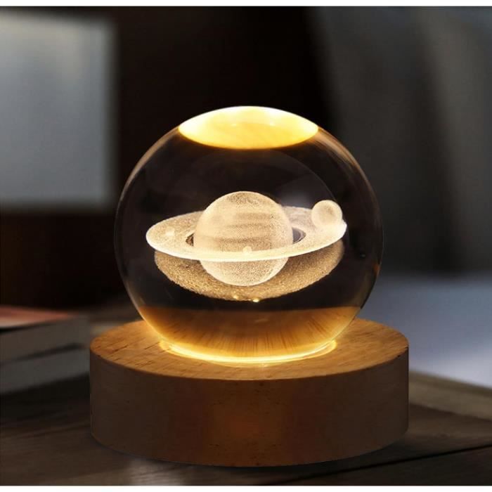 Veilleuse Boule de Cristal 3D Boule de Cristal de La Galaxie Spatiale Lampe de Nuit Boule de Verre avec Base en Bois