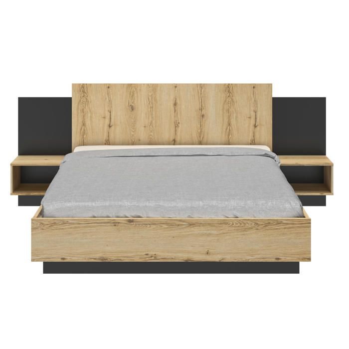Lit double Marzano en aggloméré avec tables de chevet - Brun/Noir - Convient à un matelas de 160x200cm Lit double Marzano en aggloméré avec tables de chevet - Brun/Noir - Convient à un matelas de 160x200cm