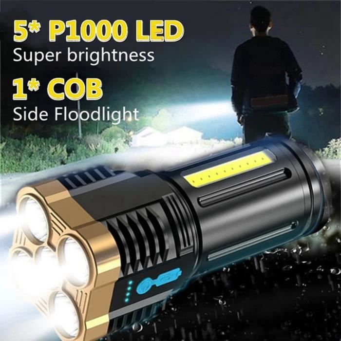 Lampe de Poche Torche LED Portable 5tête éclairage Rechargeable USB étanche électrique tactique pour Sport Camping Randonnée Urgence