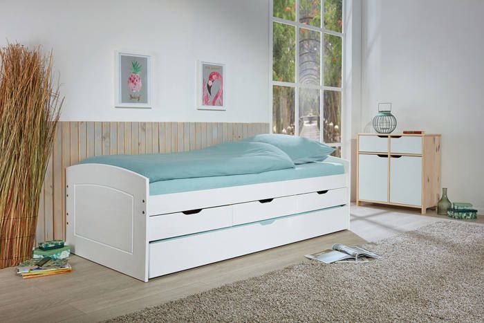 lit avec tiroirs de rangement et deuxième lit gigogne inférieur en pin massif - talamo italia - 98x205x63 cm
