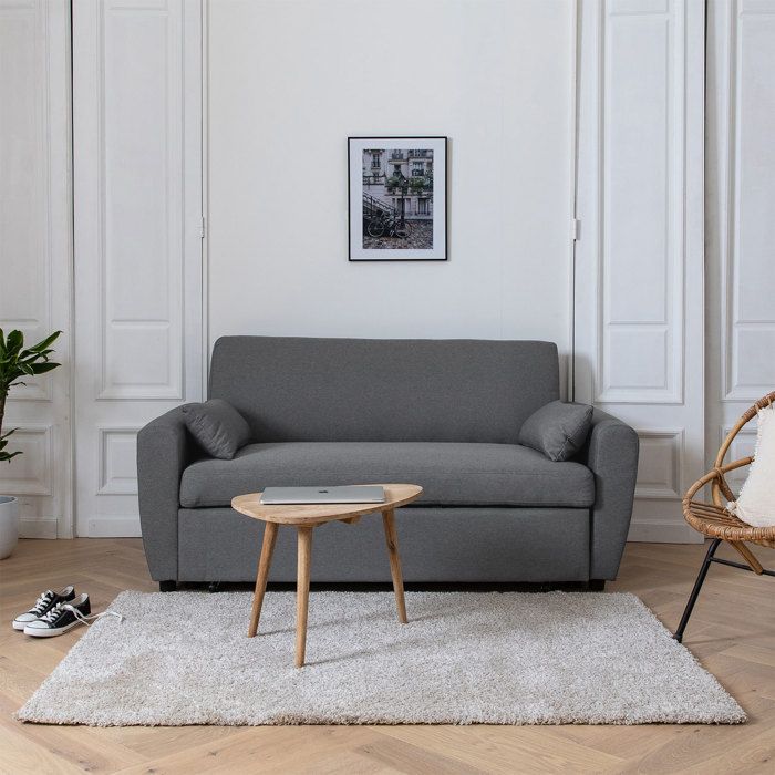 Canapé Convertible 2 Places Gris Coton - Dossier Réglable 3 Positions, Porte-gobelets, 136x162cm