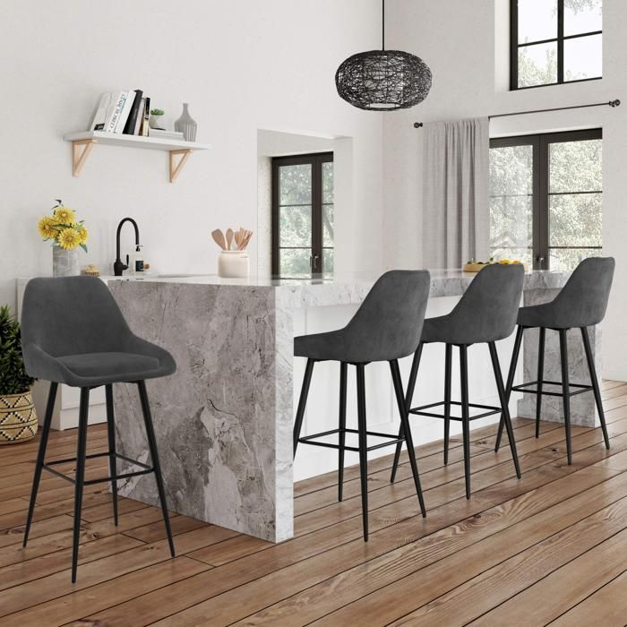 IDMARKET Lot de 4 tabourets de bar THALYA en velours gris foncé avec demi-accoudoirs IDMARKET Lot de 4 tabourets de bar THALYA en velours gris foncé avec demi-accoudoirs