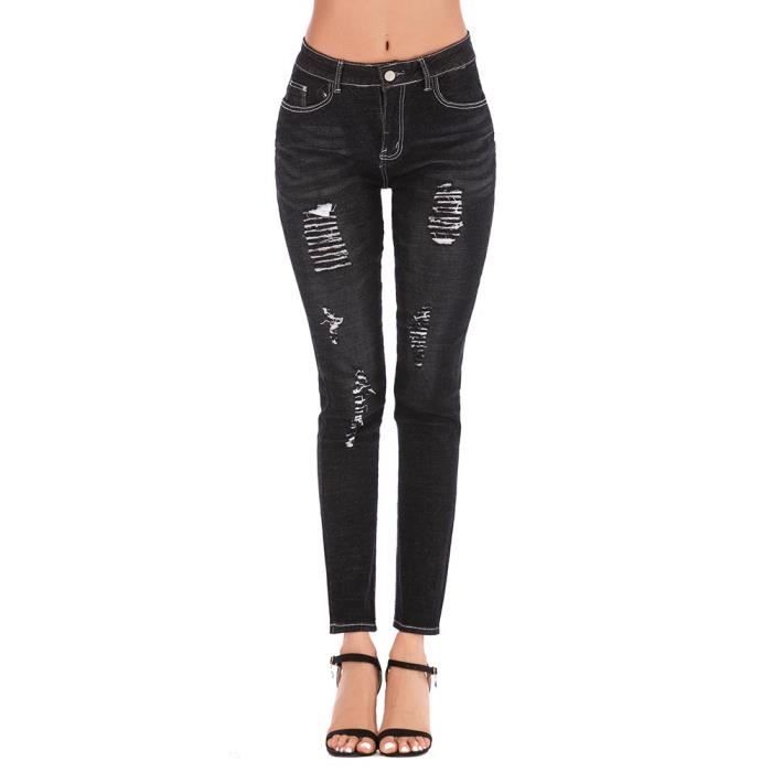 Jeans Femme Slim Fit 5 Poches Effet Delave Trou Noir Noir Cdiscount Pret a Porter