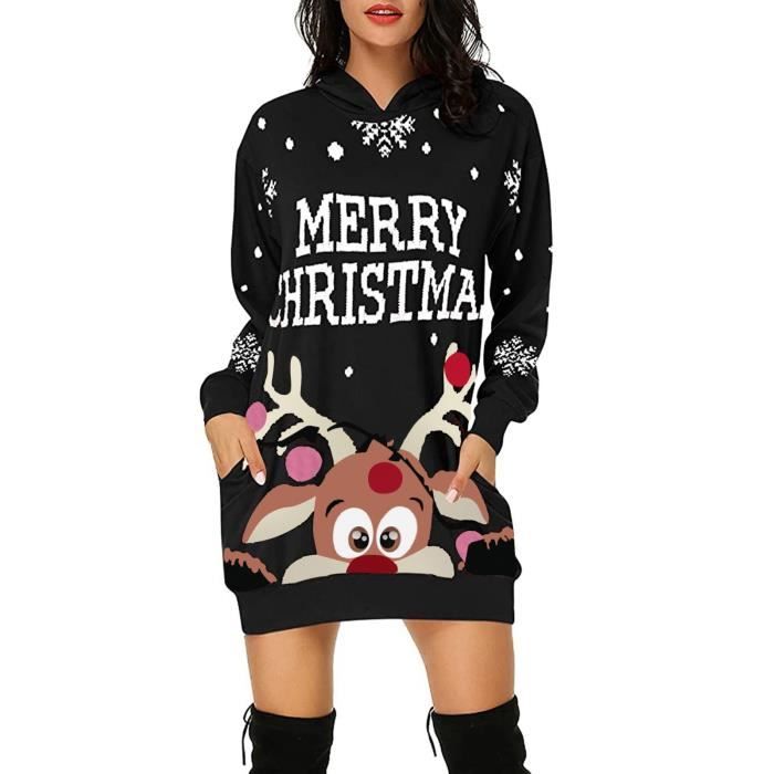 Sweat à Capuche De Noël Femme – Imprimé Lutin Et Manches Décorées – Tissu Doux – Coupe Décontractée – Noir XXL