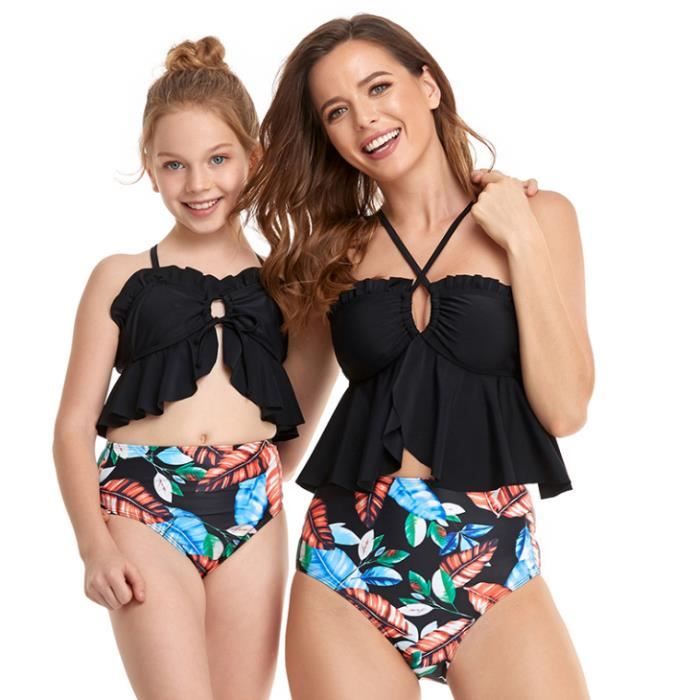 Femmes Filles Maillot De Bain 2 Pieces Mere Fille Mignon Volants Bikini Set Parent Enfant Couleur 1 Femme Xl Noir Cdiscount Pret A Porter