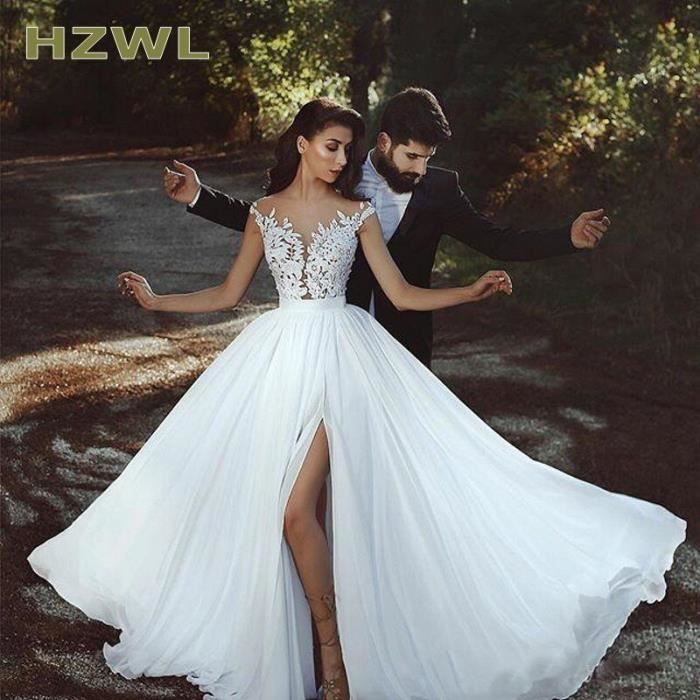 Robe de mari e Simple en dentelle col transparent sans manches