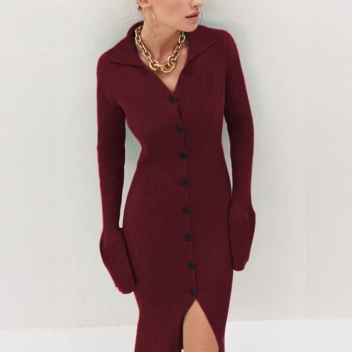 Mode femmes serre solide col rabattu a manches longues simple boutonnage longue robe pull rouge Rouge Cdiscount Pret a Porter