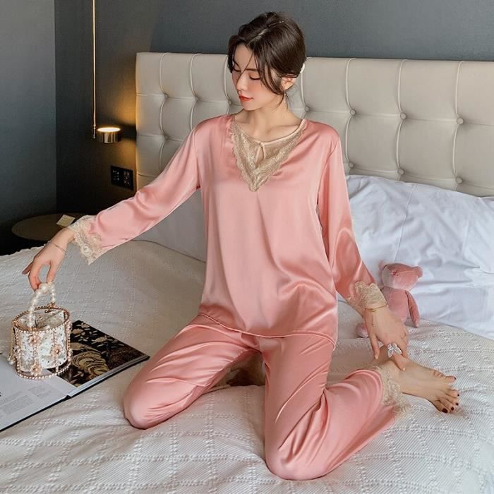 Pyjama Pyjama en Satin deux pi ces pour femmes ensemble de nuit col en v haut et pantalon v tements de maison F214165415