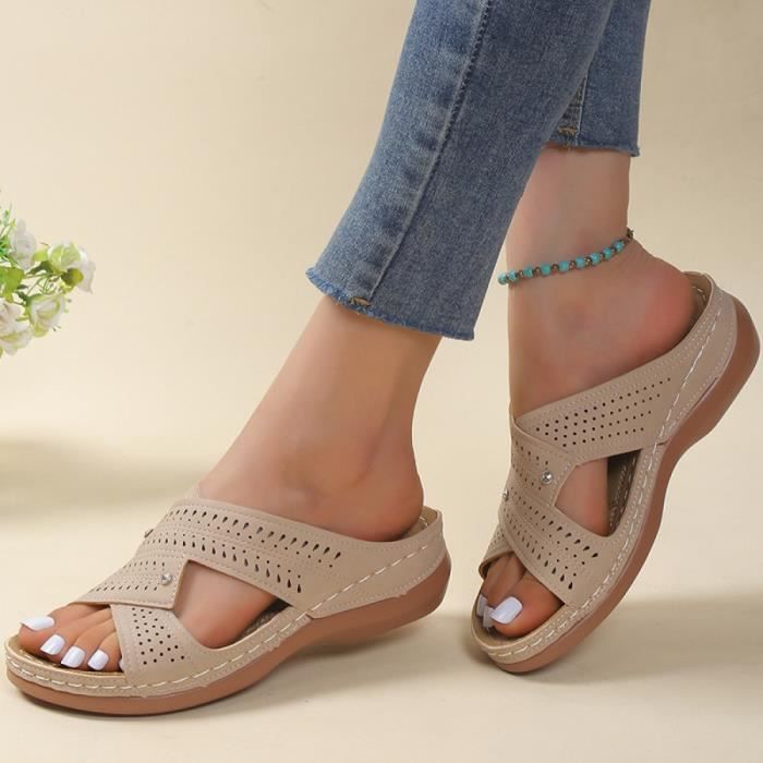 Sandales Compensées Femme - Mules Talons Épais, Bout Ouvert - Confortables, Style Bohème - Pour Été, Plage, Ville - Taille 36-42 EU