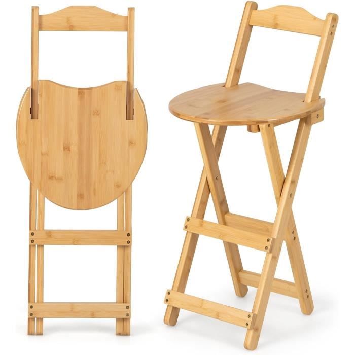relax4life lot de 2 tabourets de bar pliants en bambou avec repose-pieds, chaise à manger portable charge 150 kg, 36 x 36 x 84 cm