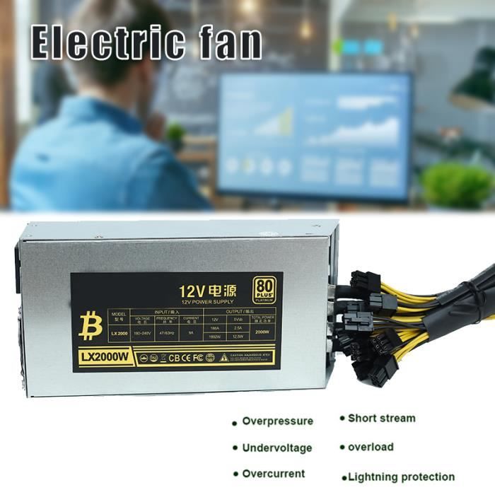 Alimentation Pour Mineur Bitcoin 2400W - Efficacité 95%, PFC Actif, 160-240V - 8 Connecteurs GPU, Protections Multiples