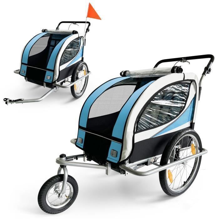 SAMAX Remorque v&eacute;lo pour 2 enfants -  - 2 en 1 - 360&deg; rotatif - Amortisseur Transport Poussette - en Bleu - Silver Frame 