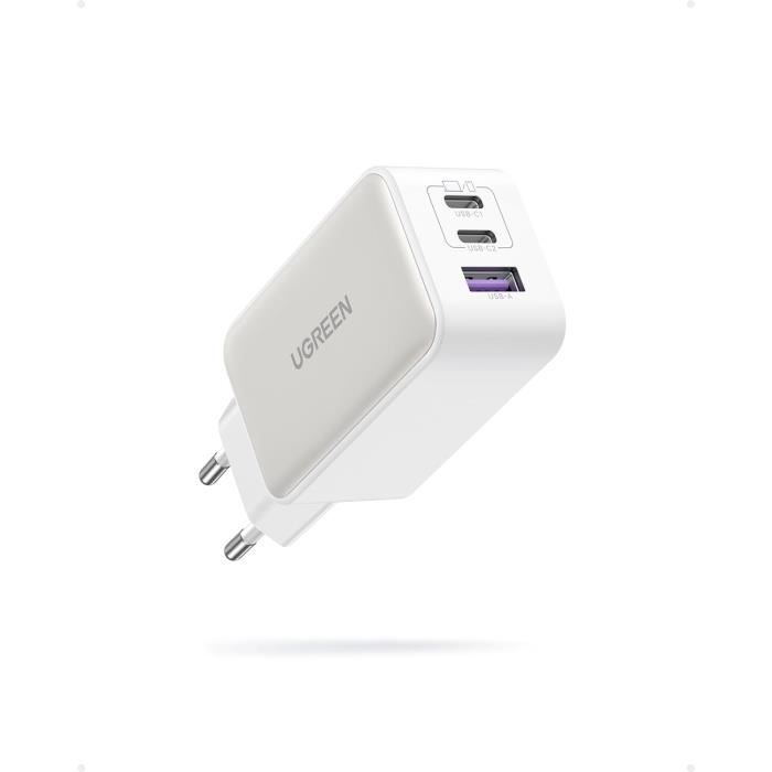 Chargeur Rapide 65W GaN 3 Ports USB-C/USB-A - Compatible IPhone, IPad, MacBook, Samsung - Technologie PD3.0 QC3.0 - Dimensions 6,9x3,7x3,2 Cm