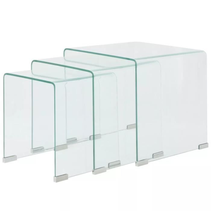Lot De 3 Tables Basses Gigognes Verre Trempe Transparent Cafe