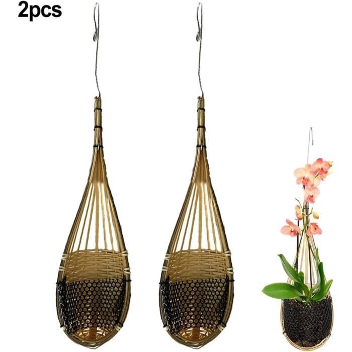 Paniers Suspendus Pour Orchidées - Lot De 2 - Tressage Bambou Naturel Avec Crochet Métal - Pour Intérieur/extérieur - 2